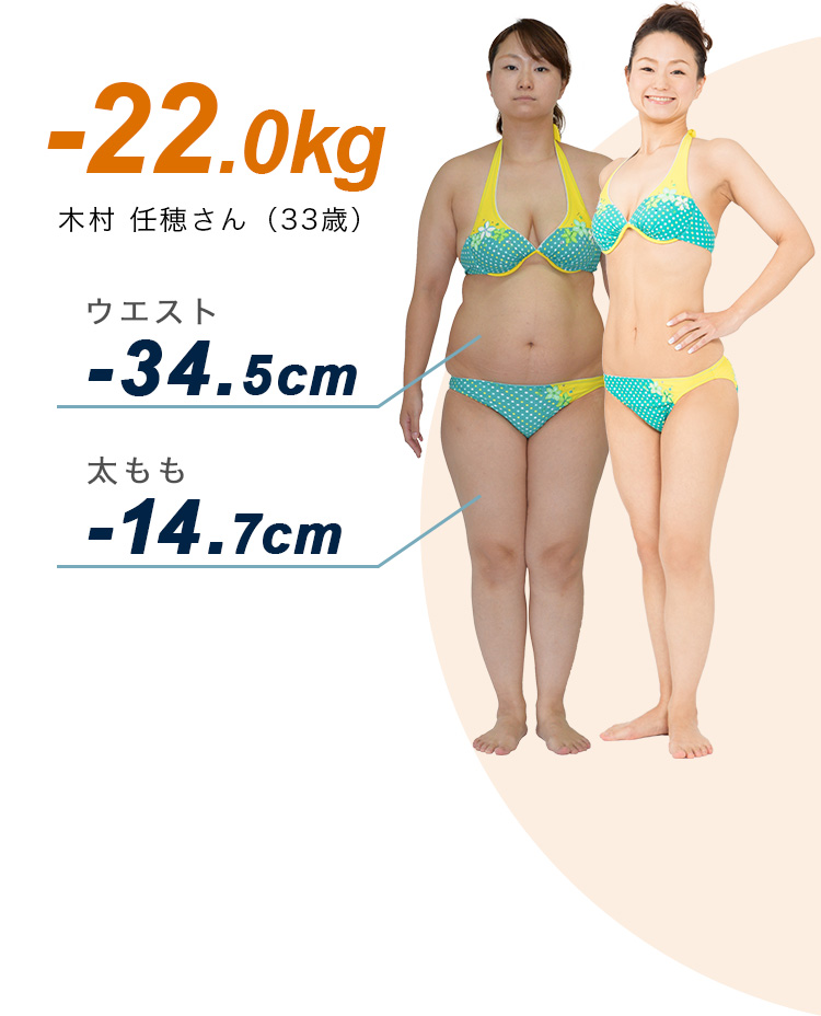 木村 任穂さん（33歳）-22.0kg　ウエスト-34.5cm　太もも-14.7cm