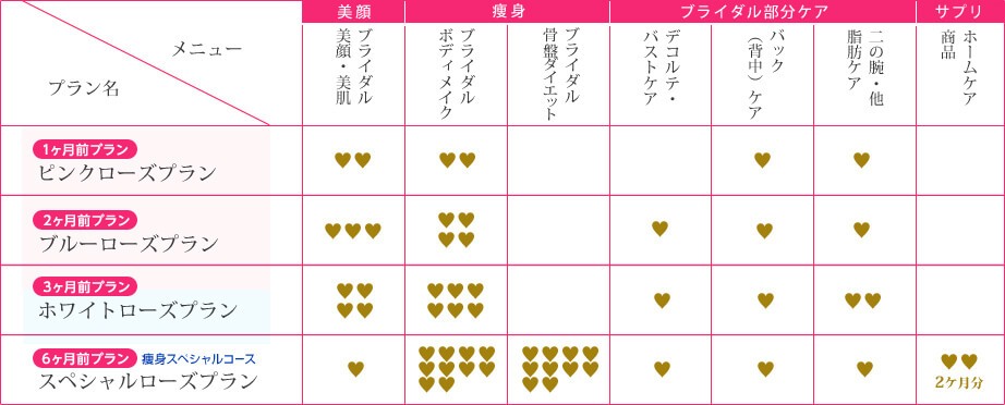 各コースの施術内容と回数一覧